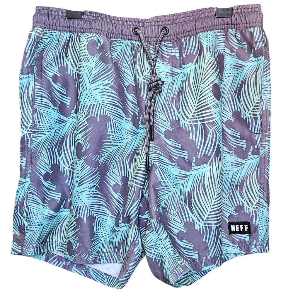 Neff x Disney Mickey Mouse Tropical Palm Swim Trunks Men L Hot Tub Volley Shorts